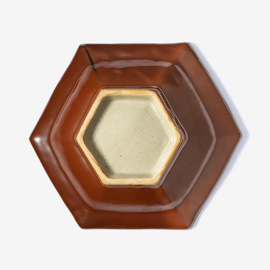 ＜濱田友緒＞濱田窯　柿釉赤絵六角鉢